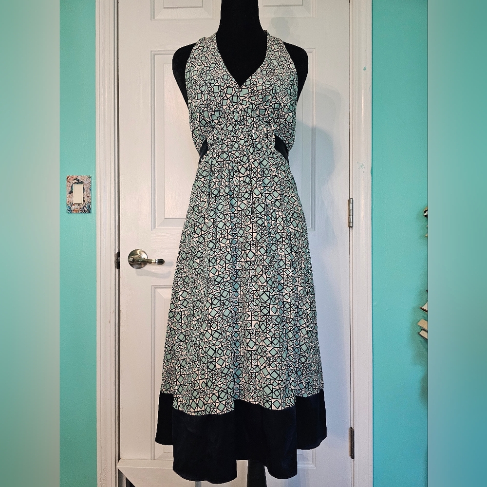 BCBG Max Azria Turquoise and Blue Geometric Silk Halter Dress Women's Size M